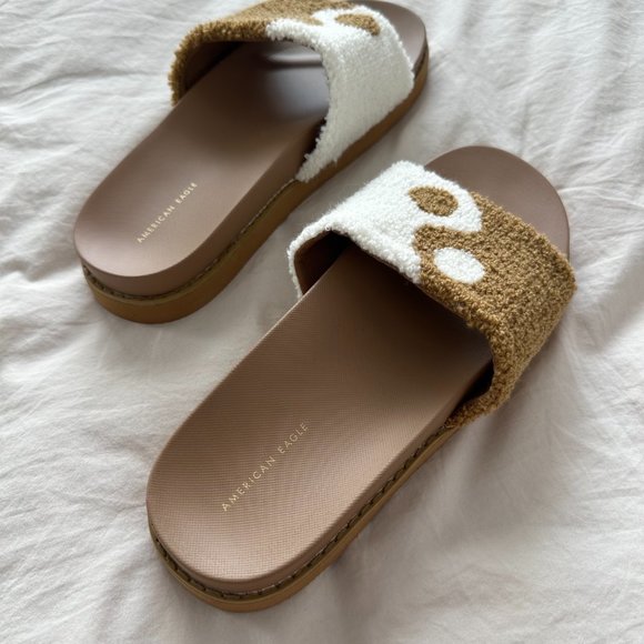 AMERICAN EAGLE Yin Yang Terry Slide Sandal in Tan and Oat NWOT - Picture 2 of 7